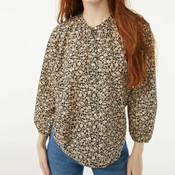 Free Assembly Women's True Black Ditsy Black Tan Floral Button-Front Shirt Large - Picture 9 of 10